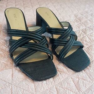 Nine West Black Basket Weave Strappy Chunky Heel Size 8